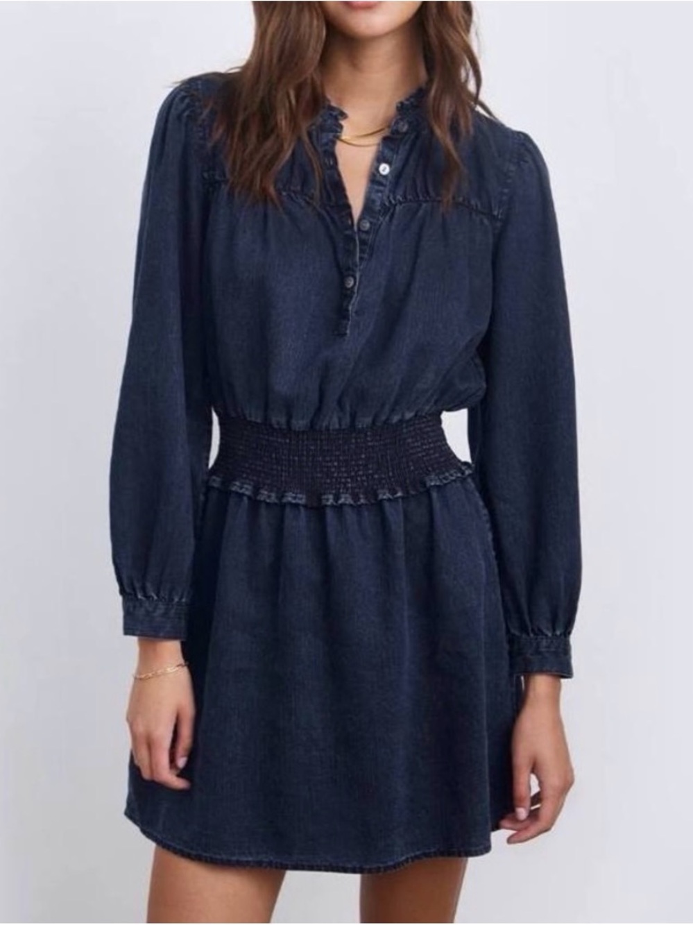 Denim Smocked Waist Long-Sleeve Dress